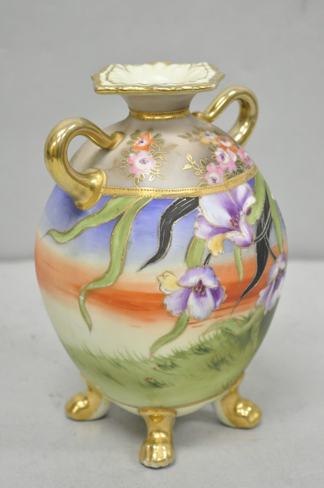 Antique Nippon Moriage Hand Painted Porcelain Purple Iris & Gold Gilt Vase Pair