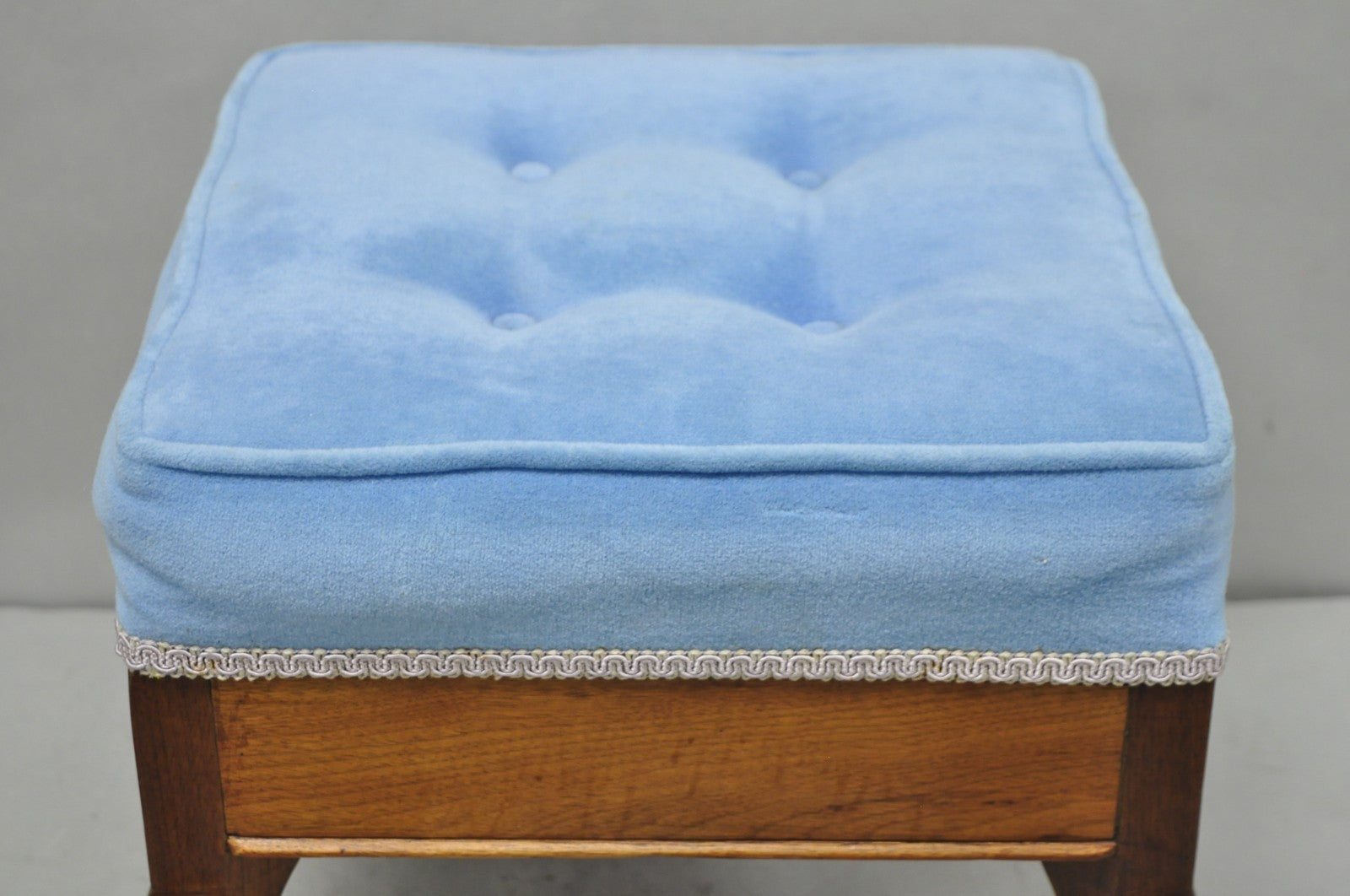 Antique Victorian Walnut Cabriole Leg Blue Tufted Footstool Ottoman Stool