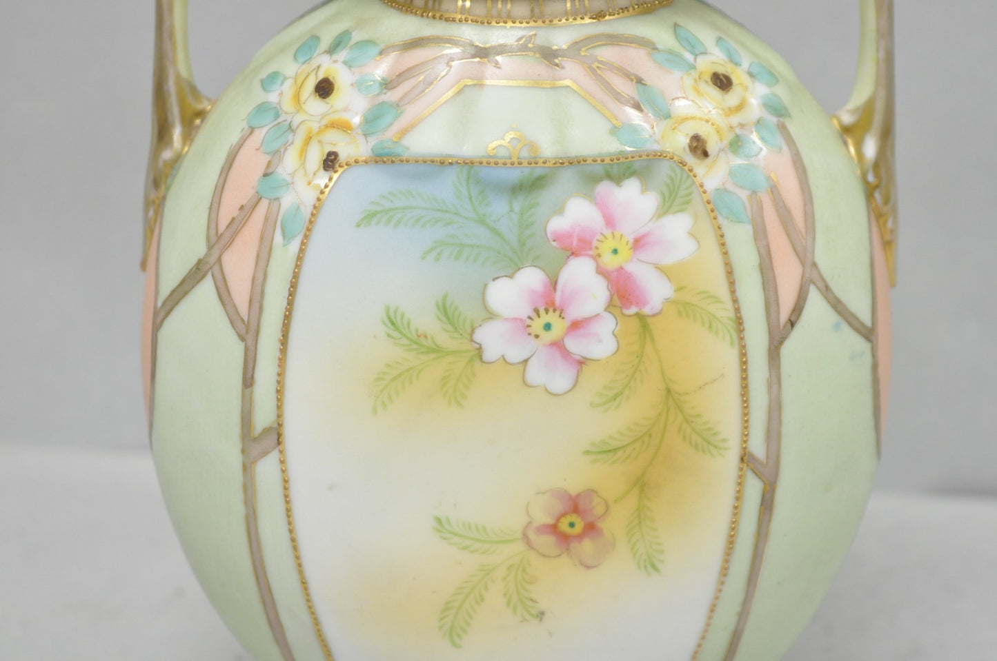 Antique Nippon Art Nouveau Hand Painted Porcelain Pink Flower Twin Handle Vase