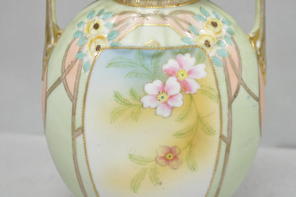 Antique Nippon Art Nouveau Hand Painted Porcelain Pink Flower Twin Handle Vase