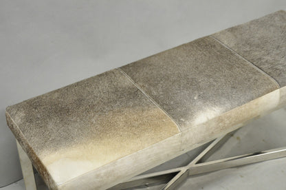 Modern Leather Cowhide Silver Chrome Metal X-Frame Stretcher Base Bench