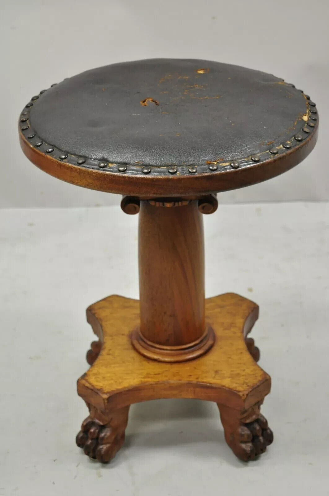 19th C. American Empire Mahogany Carved Column Paw Foot Swivel Leather Stool