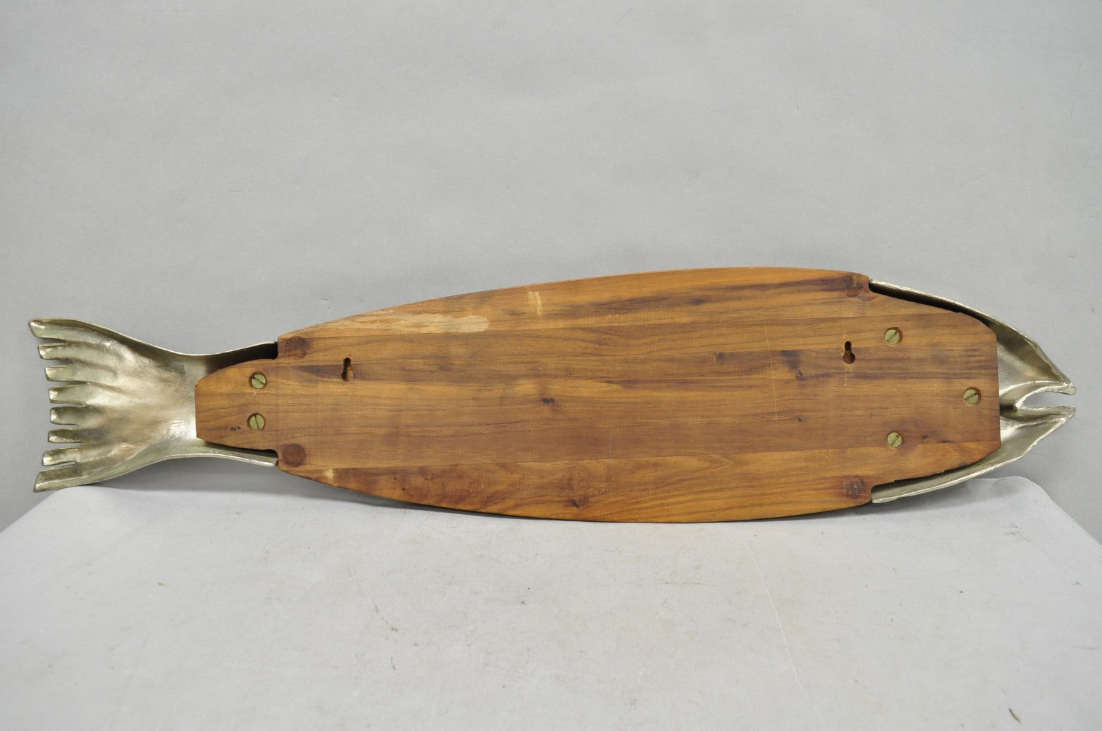 Vintage Mid Century Modern Teak Wood & Metal Fish Serving Platter Cutting Board