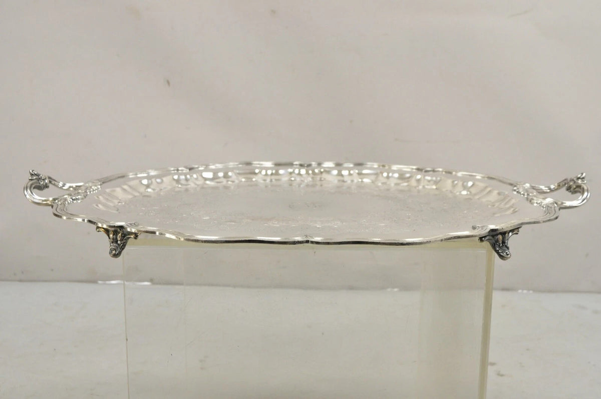 Vintage English Sheffield Victorian Silver Plated Oval Scalloped Platter Tray