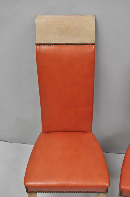 Vintage French Art Deco Gio Ponti Style High Back Pickled Wash Side Chair - Pair
