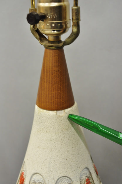 Vintage Mid Century Modern Ceramic Pottery Sculpted Teak Wood Table Lamps - Pair