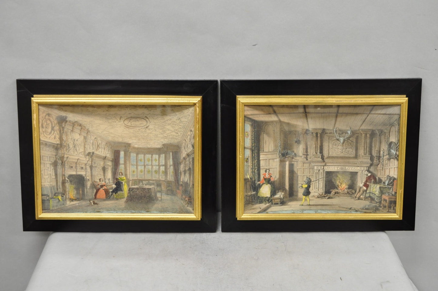 Antique Colored Lithograph 3D Frame Hall of Levens & Trophy Room Joseph Nash (2)