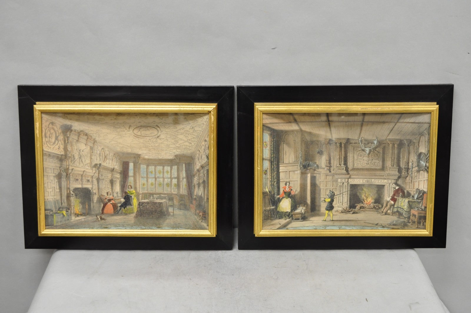 Antique Colored Lithograph 3D Frame Hall of Levens & Trophy Room Joseph Nash (2)