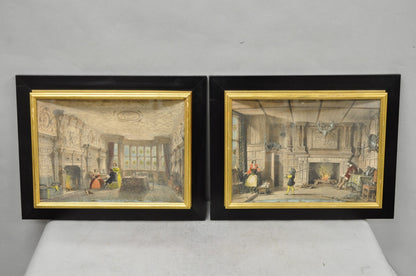 Antique Colored Lithograph 3D Frame Hall of Levens & Trophy Room Joseph Nash (2)