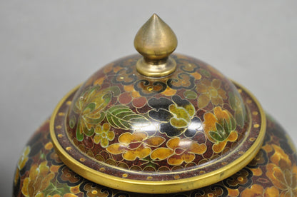 Vintage Cloisonné Chinese Small Enameled Brown Covered Ginger Jar on Stand, Pair