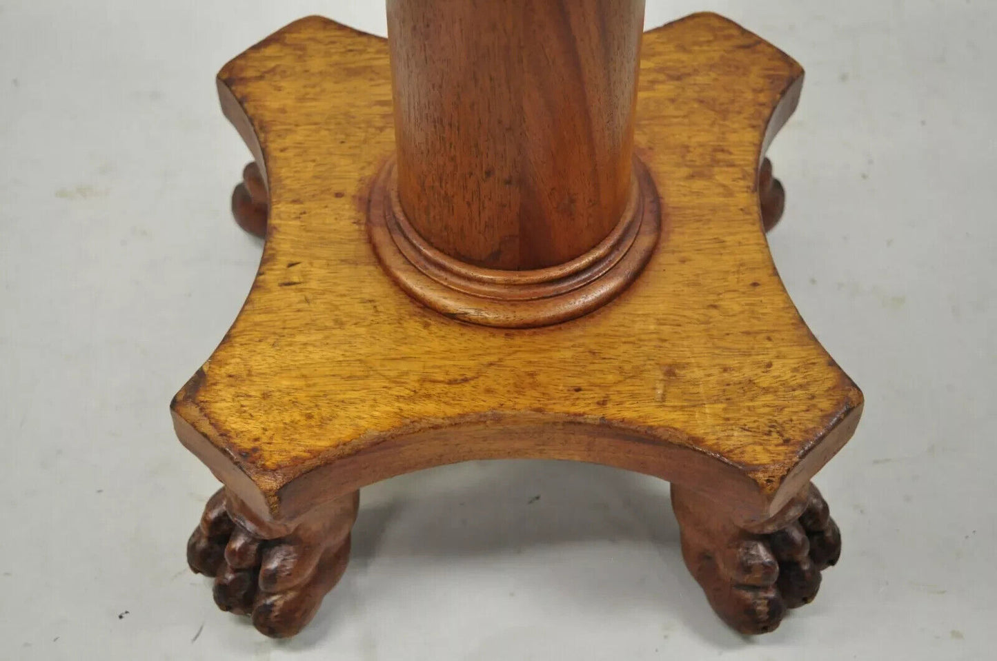 19th C. American Empire Mahogany Carved Column Paw Foot Swivel Leather Stool