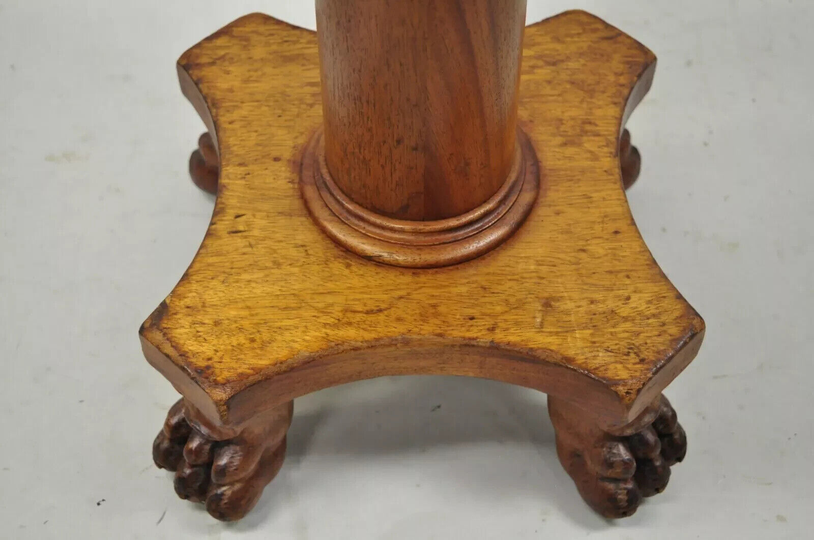 19th C. American Empire Mahogany Carved Column Paw Foot Swivel Leather Stool