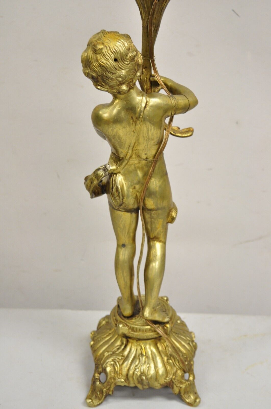 Vintage French Renaissance Brass Rococo Gold Figural Cherub Putti Table Lamp