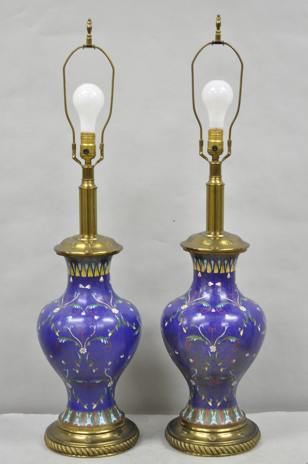 Vintage Chinoiserie Blue Enamel Chinese Brass Jardinierie Table Lamps - a Pair