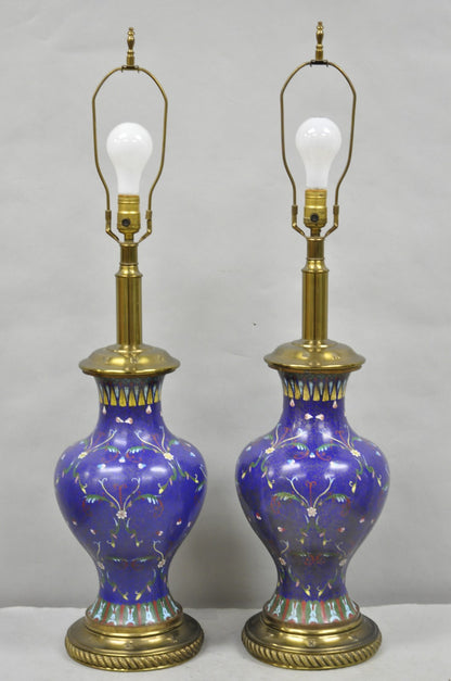 Vintage Chinoiserie Blue Enamel Chinese Brass Jardinierie Table Lamps - a Pair