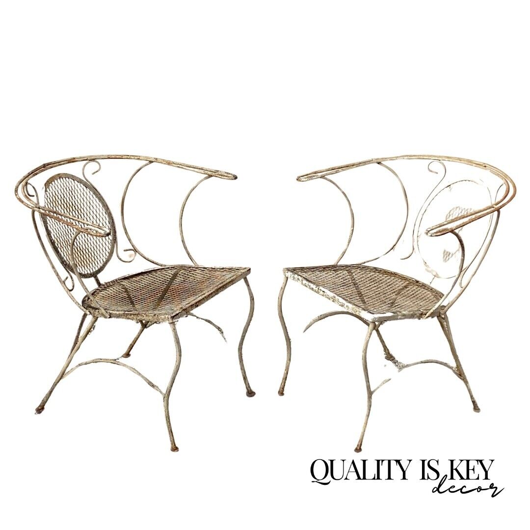 Vintage Mid Century Wrought Iron Barrel Back Garden Patio Dining Chairs - A Pair
