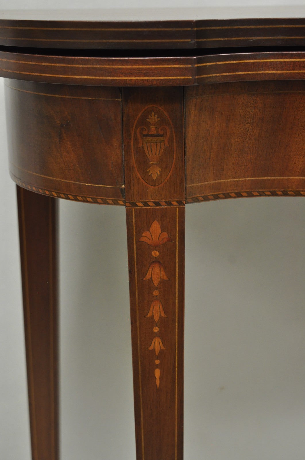 Antique Sheraton Federal Mahogany Urn Inlay Flip Serpentine Console Game Table