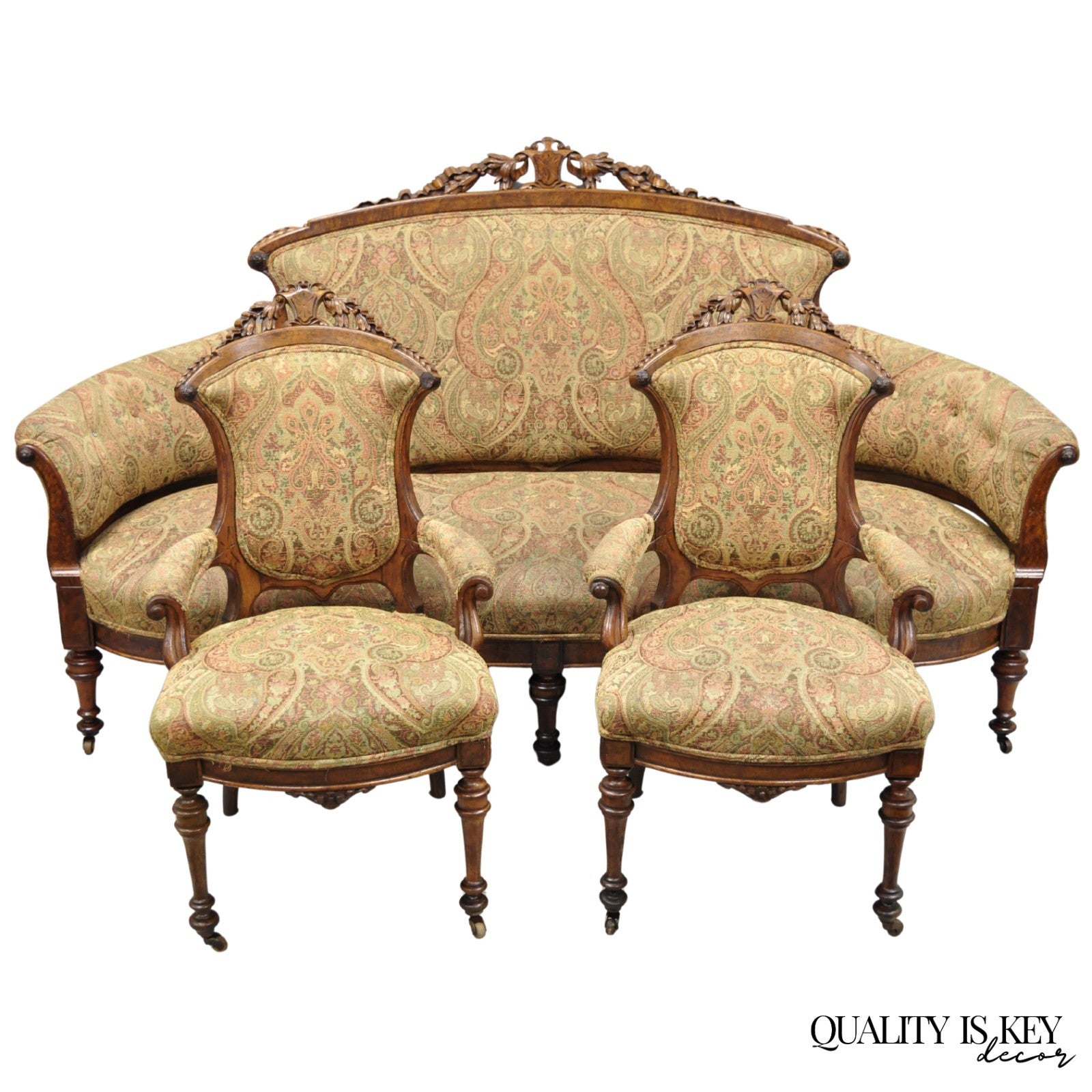 Antique Eastlake Victorian Carved Burl Walnut Parlor Set Sofa & 2 Chairs - 3 Pcs