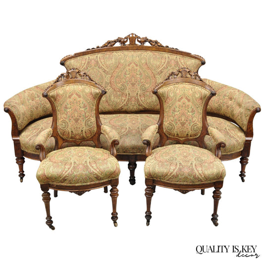 Antique Eastlake Victorian Carved Burl Walnut Parlor Set Sofa & 2 Chairs - 3 Pcs