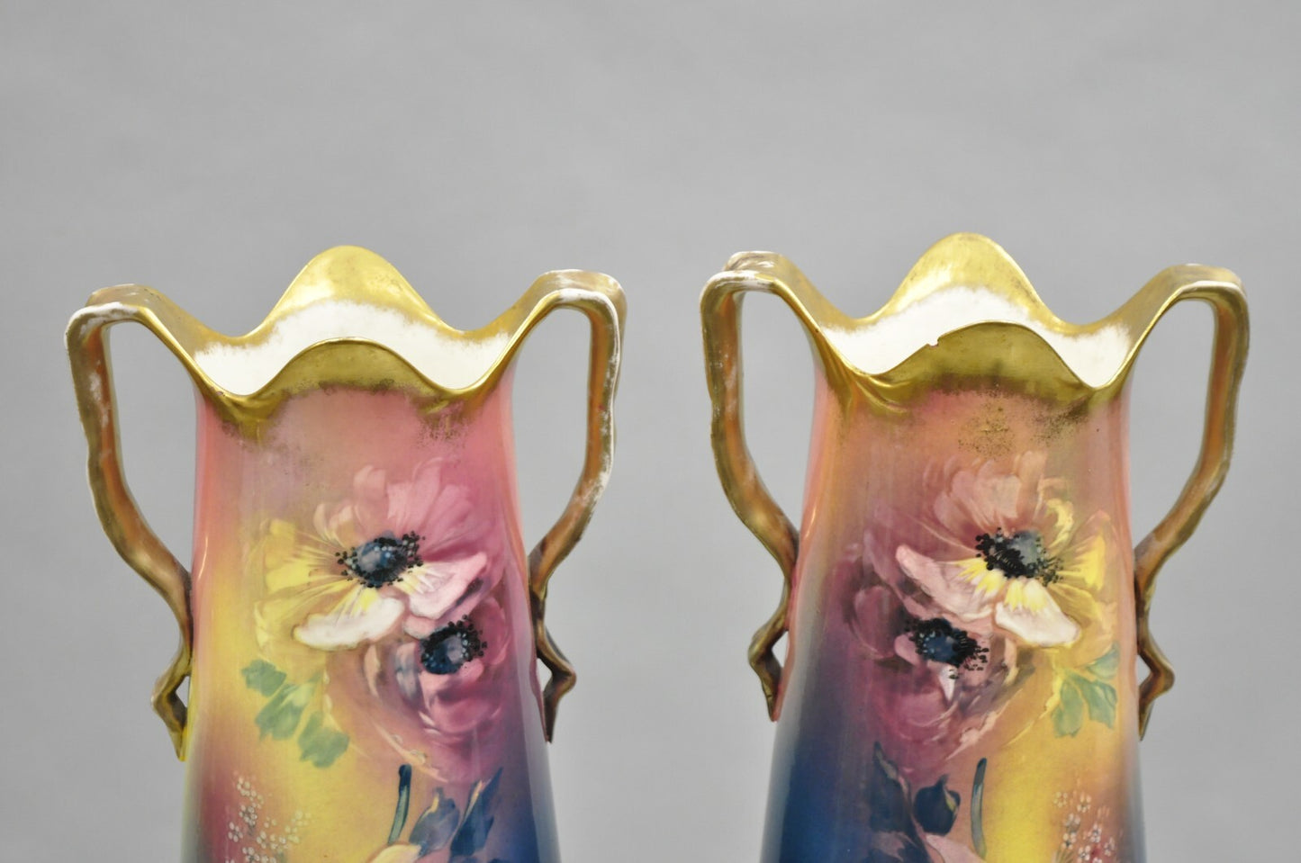 French Art Nouveau Floral Painted Blue Pink Porcelain Austrian 17" Vase - Pair