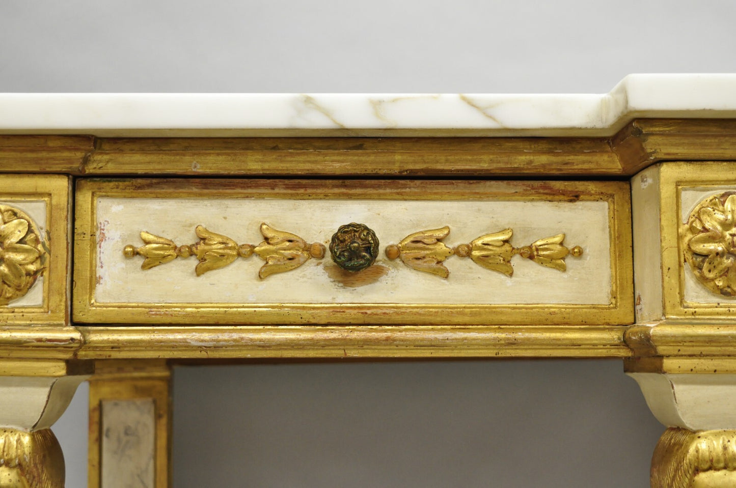 Antique Italian Neoclassical Cream & Gold Marble Top Figural Long Console Table