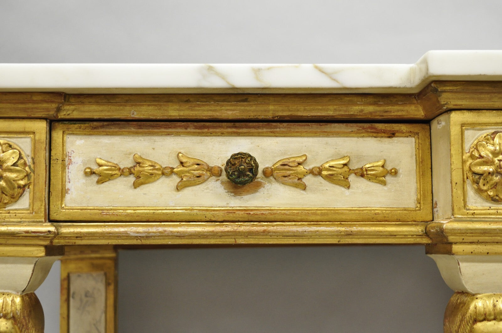 Antique Italian Neoclassical Cream & Gold Marble Top Figural Long Console Table