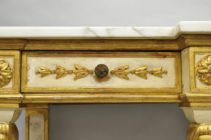 Antique Italian Neoclassical Cream & Gold Marble Top Figural Long Console Table