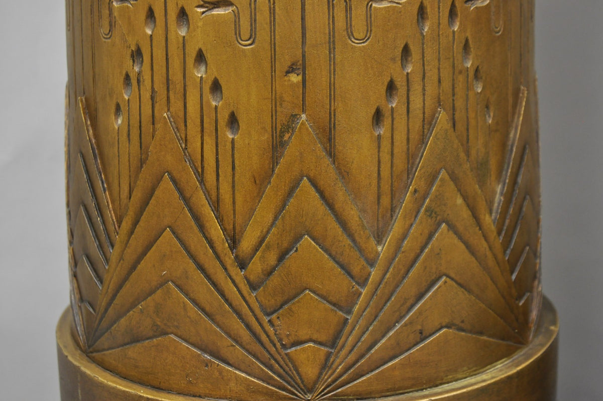 Antique Art Deco 75" Tall Wooden Pedestal Column Geometric Chevron Carved - Pair