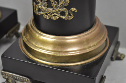 Vintage French Empire Style Black Column Brass Ormolu Bouillotte Table Lamp Pair