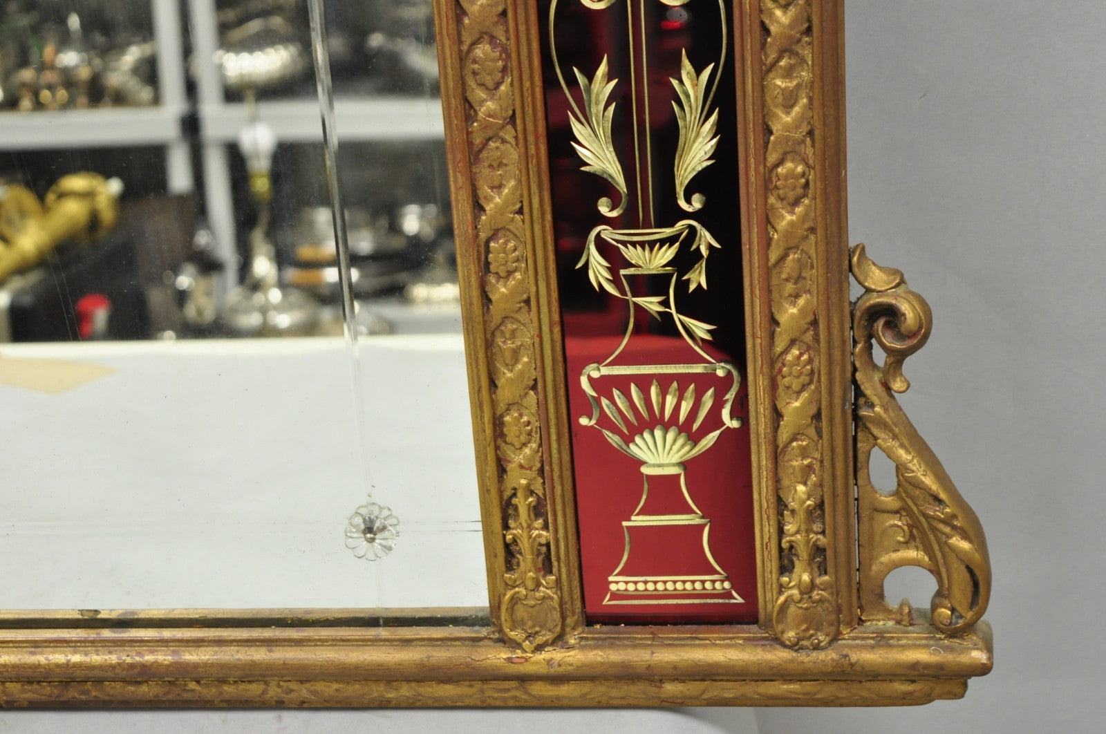 Antique French Neoclassical Baroque Gold Gilt Gesso Red Glass Frame Wall Mirror