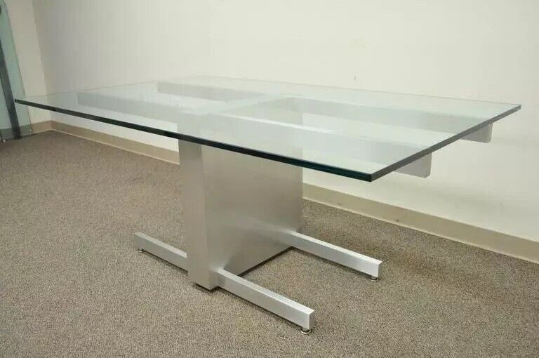 Vladimir Kagan Brushed Aluminum & Glass Cubist Extension Dining Conference Table