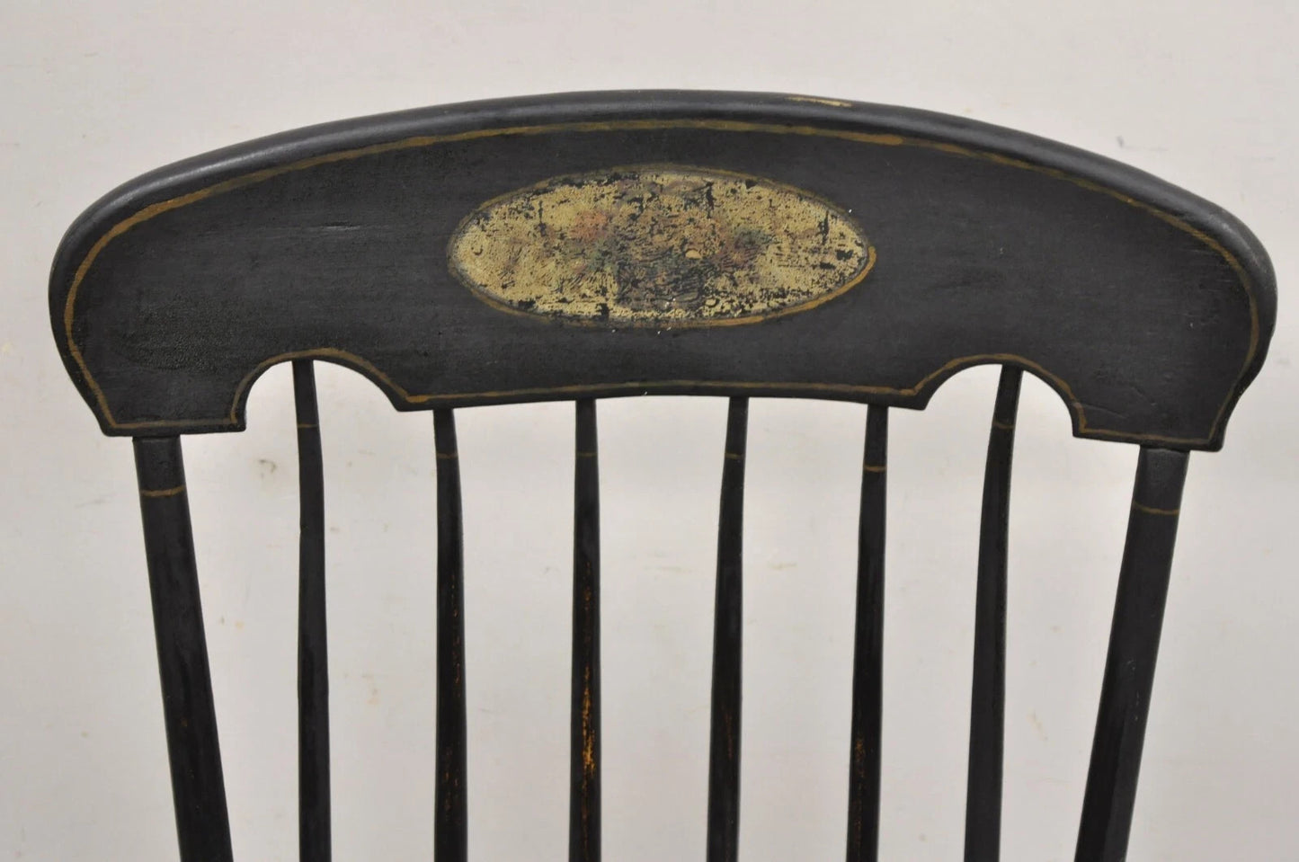 Antique Colonial Stencil Back Black Painted Plank Bottom Rocker Rocking Chair