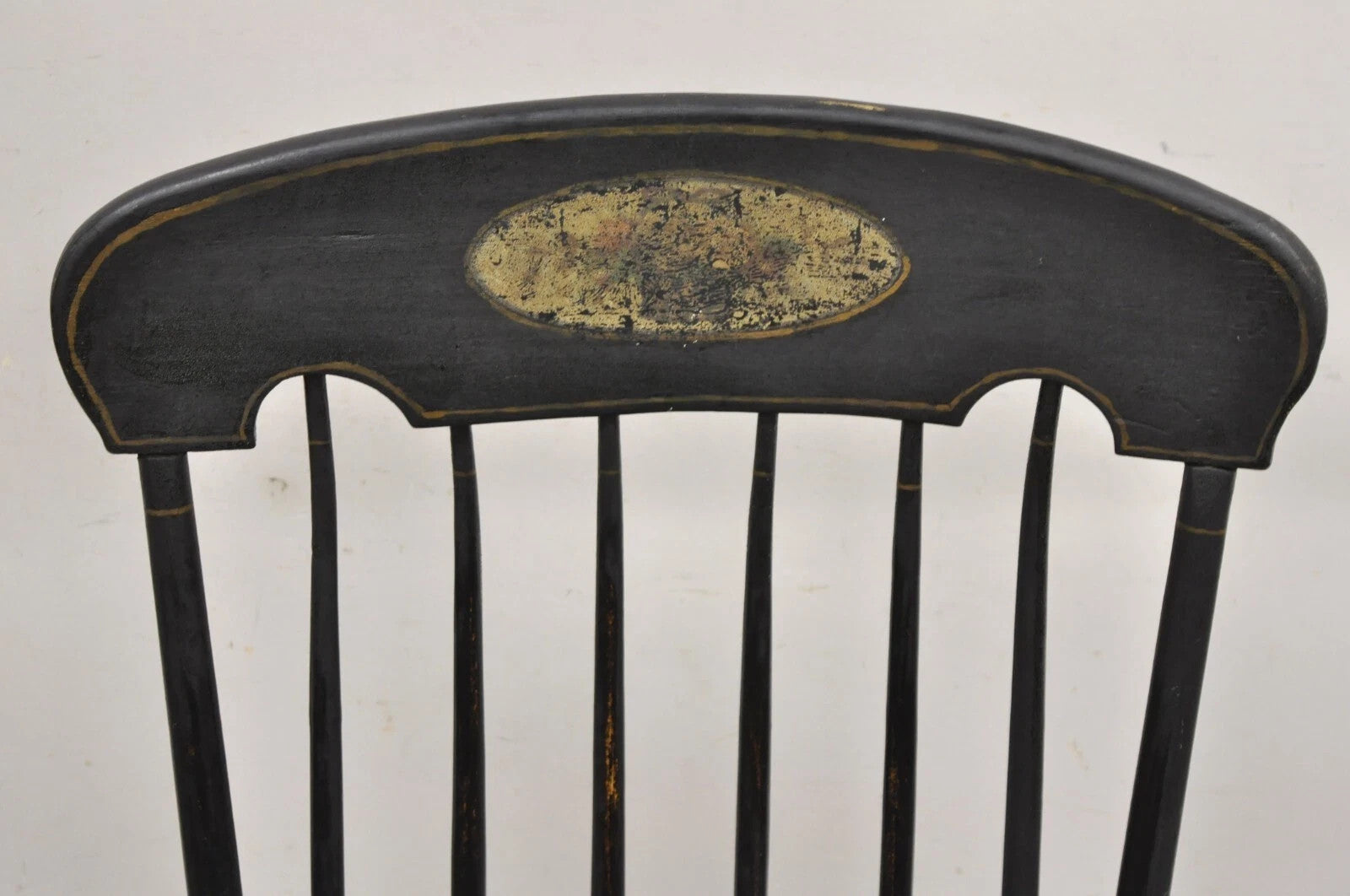 Antique Colonial Stencil Back Black Painted Plank Bottom Rocker Rocking Chair