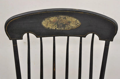 Antique Colonial Stencil Back Black Painted Plank Bottom Rocker Rocking Chair