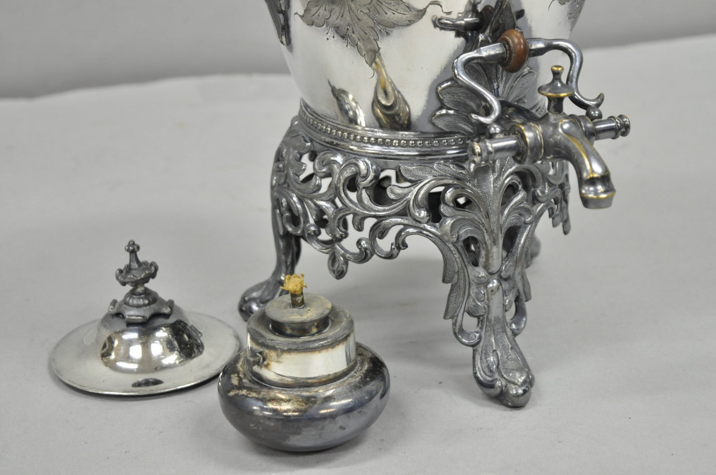 Antique Art Nouveau English Silver Plated Floral Repousse Samovar Coffee Tea Pot