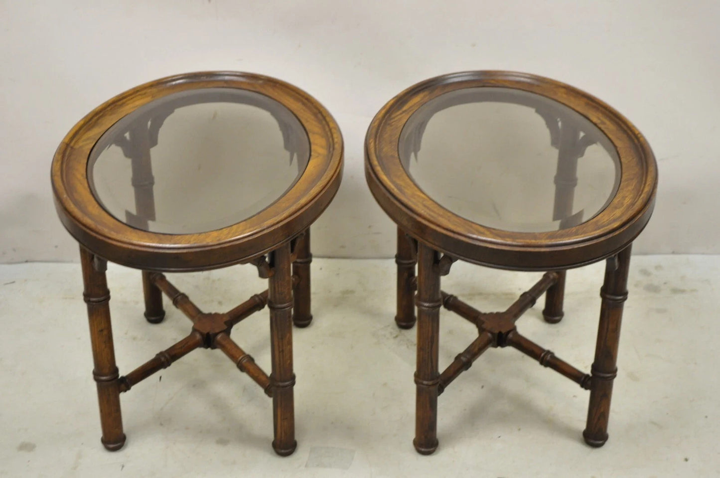 Vintage Chinese Chippendale Faux Bamboo Oval Small Glass Top Side End Table Pair
