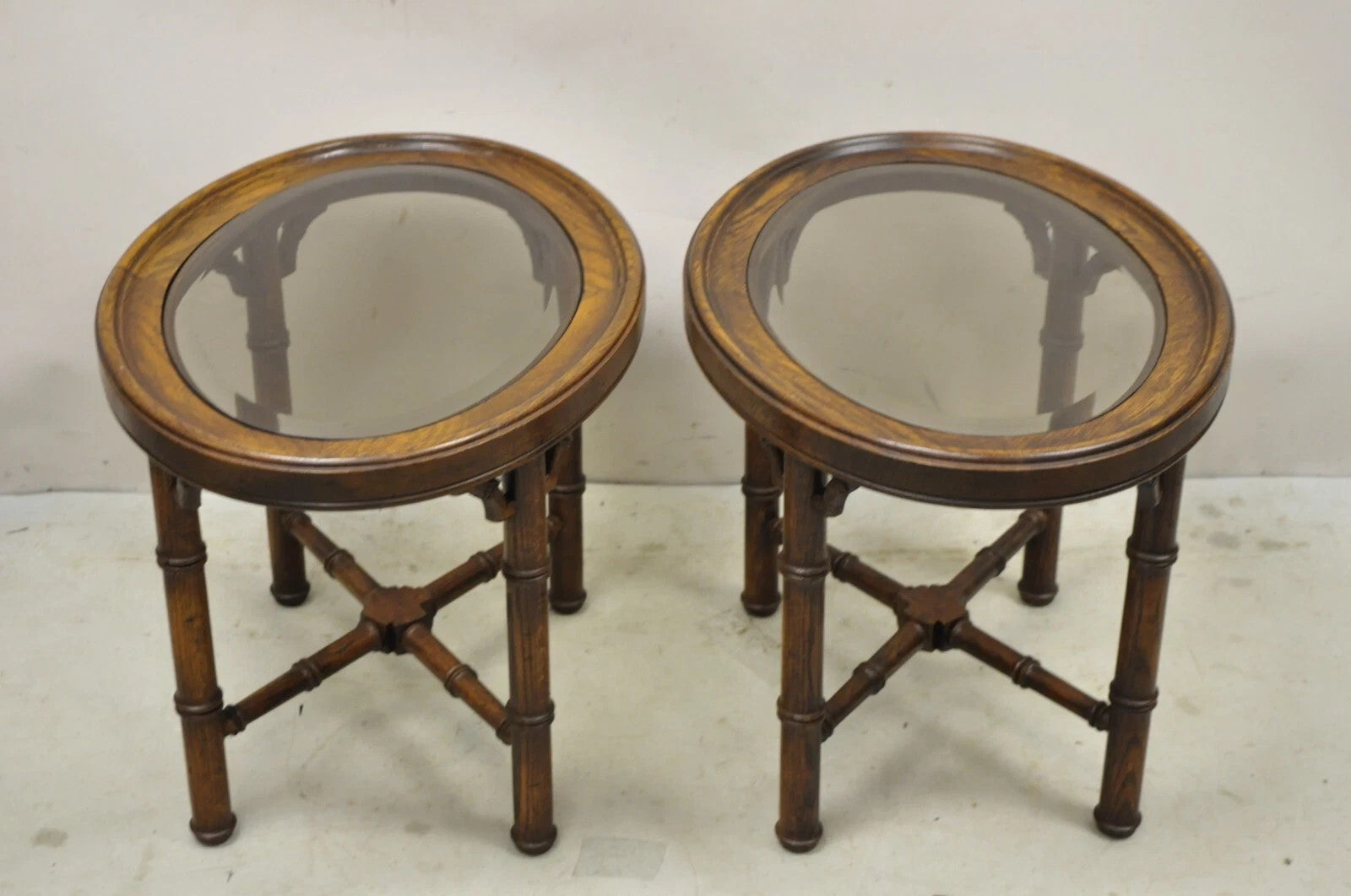 Vintage Chinese Chippendale Faux Bamboo Oval Small Glass Top Side End Table Pair