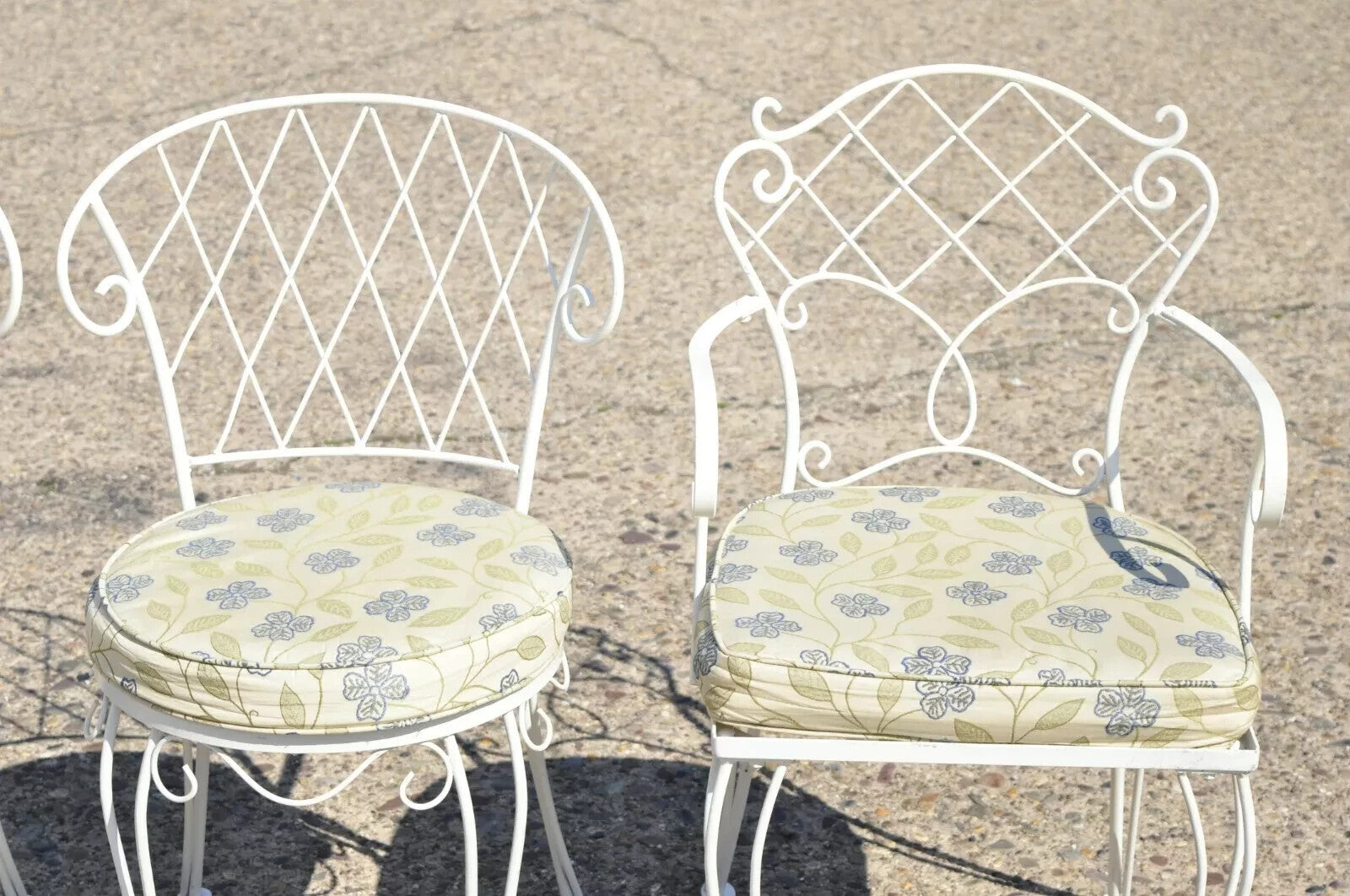 French Victorian Style White Wrought Iron Lattice Garden Patio Dining Set - 5 Pc