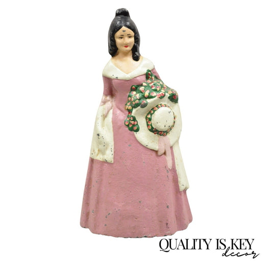 Antique Victorian Tall Cast Iron Painted Figural Woman Pink Dress Door Stop