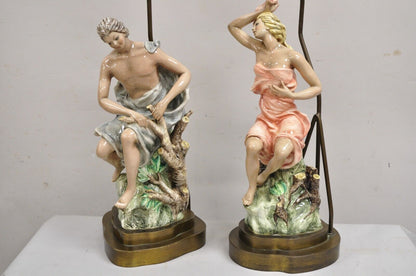 Vintage Mid Century Modern Porcelain Male and Female Gypsy Table Lamps - a Pair