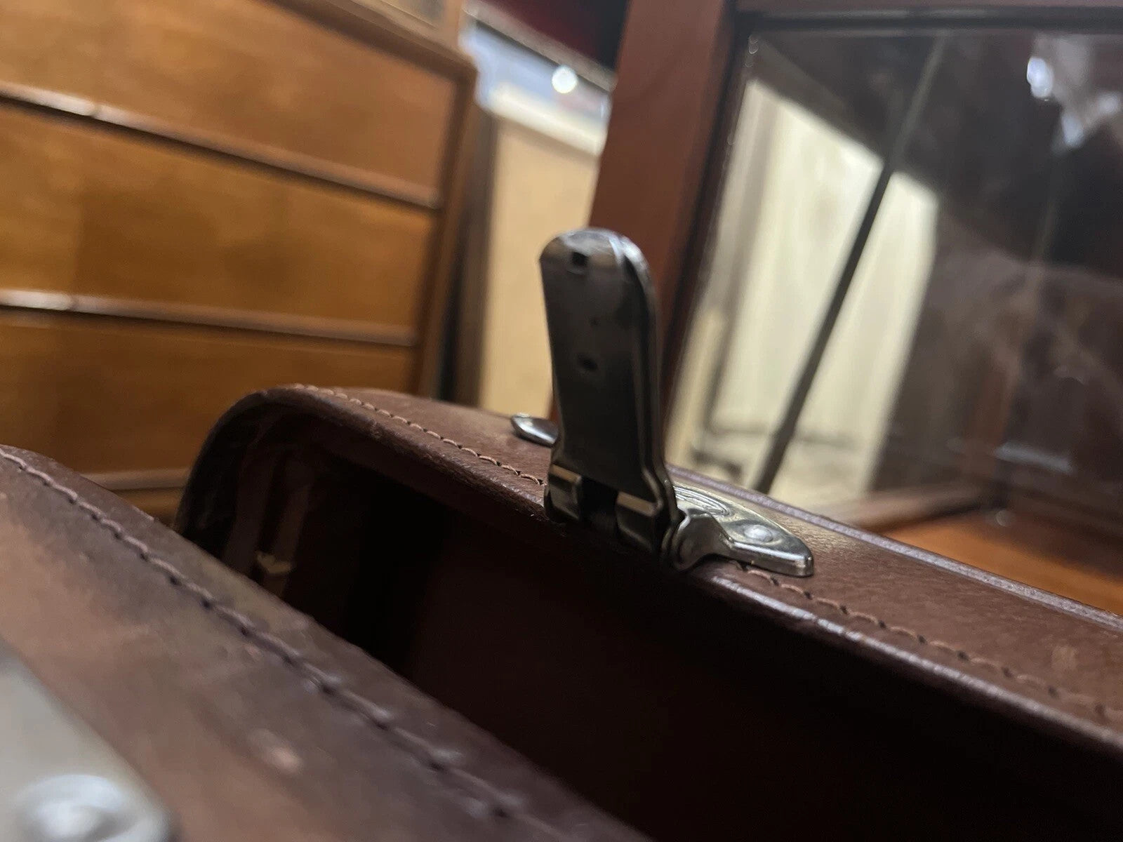 Vintage Art Deco Brown Distressed Leather 33" Luggage Suitcase by Golden Leaf