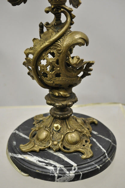 Vintage French Rococo Style Figural Cherub Brass & Marble Candelabra Table Lamp