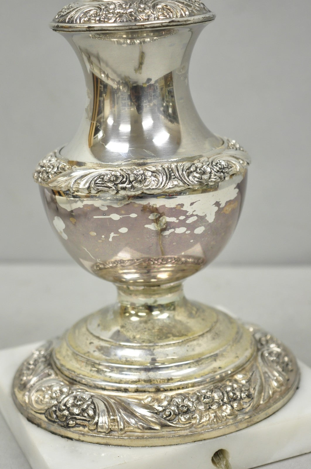 International Victorian Silver Plate Floral Repousse Candlestick Table Lamp Pair