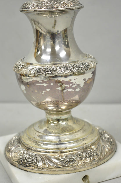 International Victorian Silver Plate Floral Repousse Candlestick Table Lamp Pair