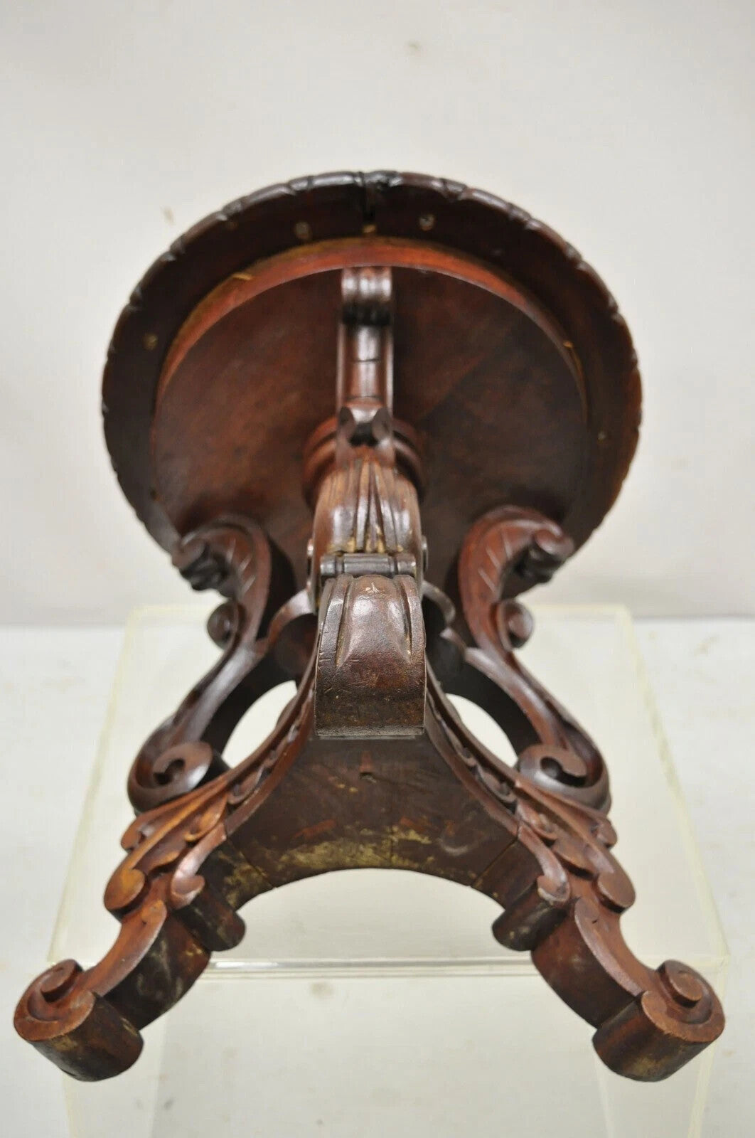 Antique Victorian Carved Walnut Adjustable Height Pedestal Base Piano Stool