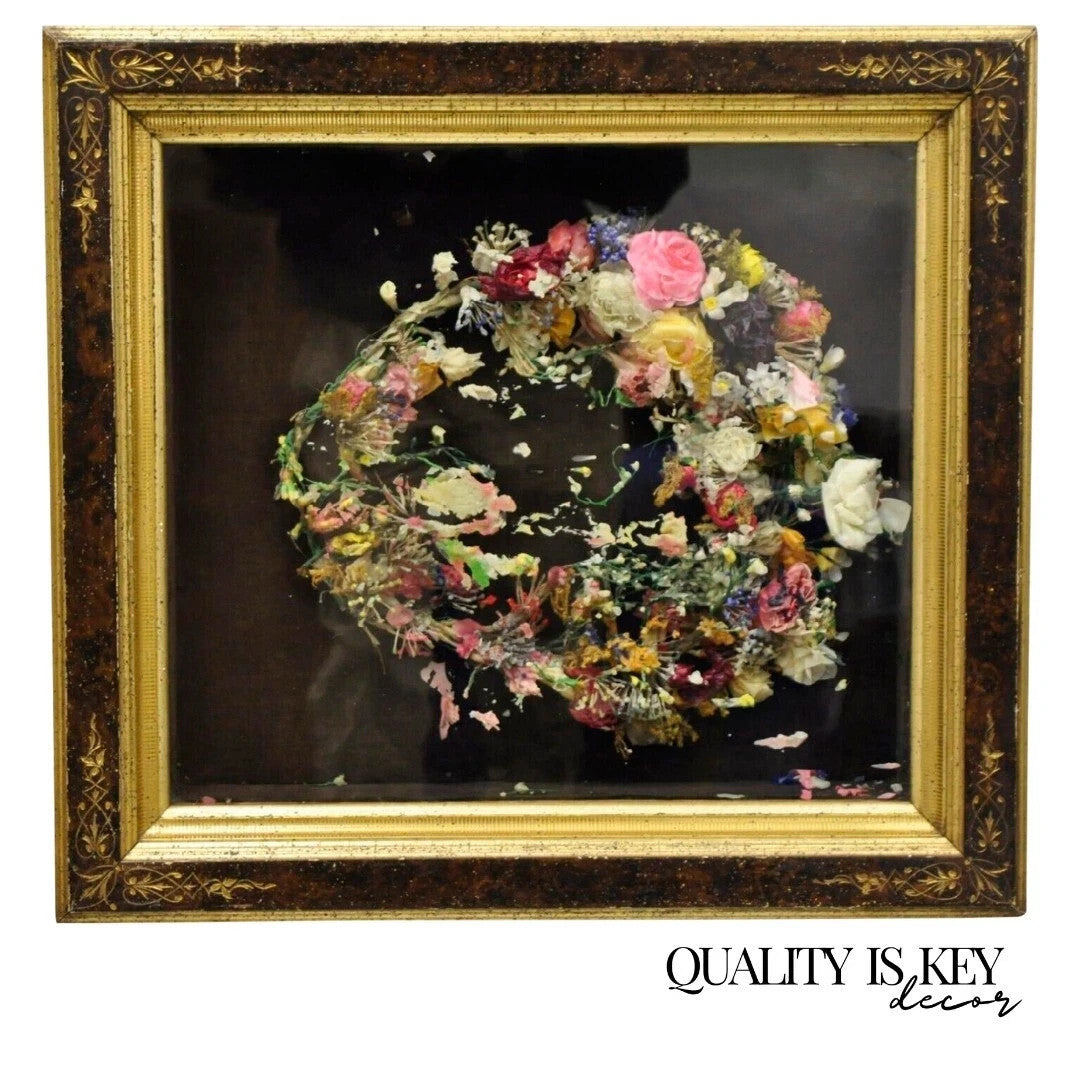 Antique Victorian Wax Flower Floral Mourning Wreath Shadow Box Wall Frame Oddity