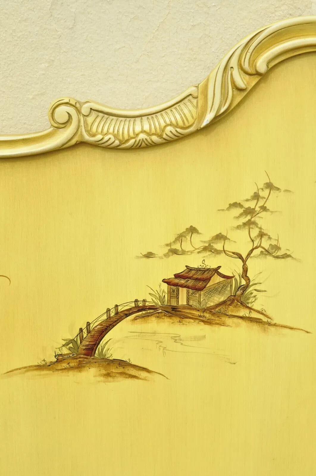 Vintage Chinoiserie Yellow Painted King Size Bed Headboard by Union National