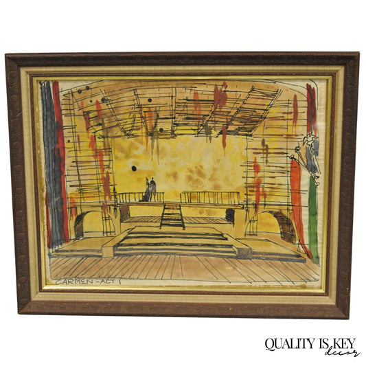 Vintage "Carmen Act I" New York City Opera Watercolor Framed Painting, Signed