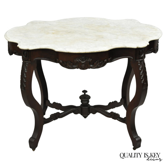 Antique Victorian Marble Turtle Top Mahogany Wood Parlor Center Table