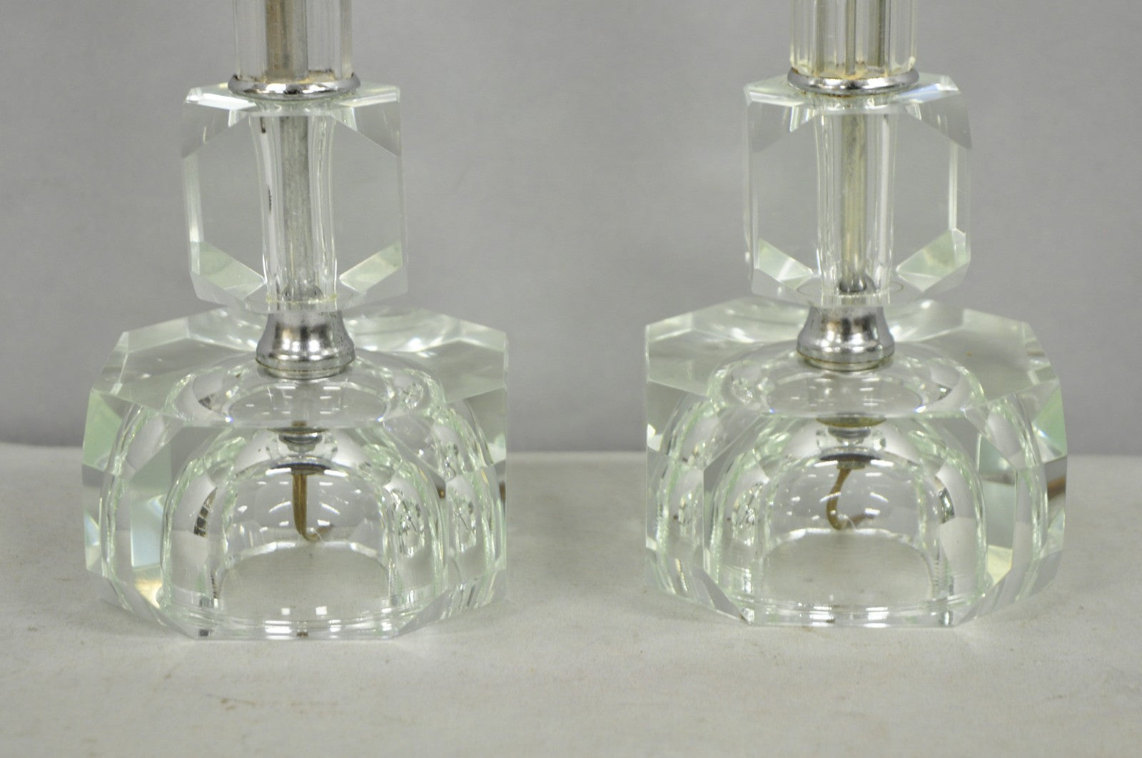 Vintage Art Deco Glass Column Candlestick Small Boudoir Vanity Bedroom Lamp Pair